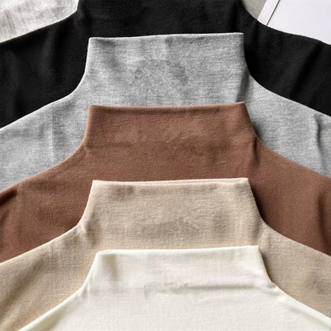 Solid Color Fleece Semi-high Collar Base Shirt Women Autumn and Winter New Styline Slim Fit Warm Inner T-shirt Long Sleeve Top