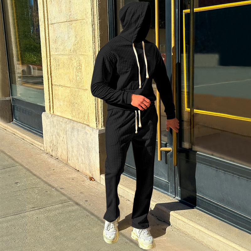 Independent autumn and winter men's jacquard small grid hooded sweatshirt, long pants, casual sports suit_voghion.com