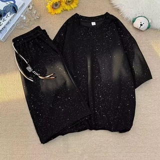 潮牌满天星套装男女宽松半袖圆领短袖T恤短裤时尚炸街情侣闺蜜装