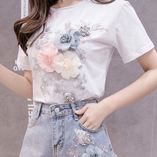 夏季新款欧洲站女刺绣亮片立体花朵短袖T恤+毛边牛仔短裤两件套装