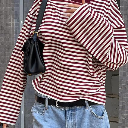 2025 Autumn Relaxed Casual European And American Style Loose Versatile Retro Color-Block Striped Long-Sleeve T-Shirt Top_ecoleips.com