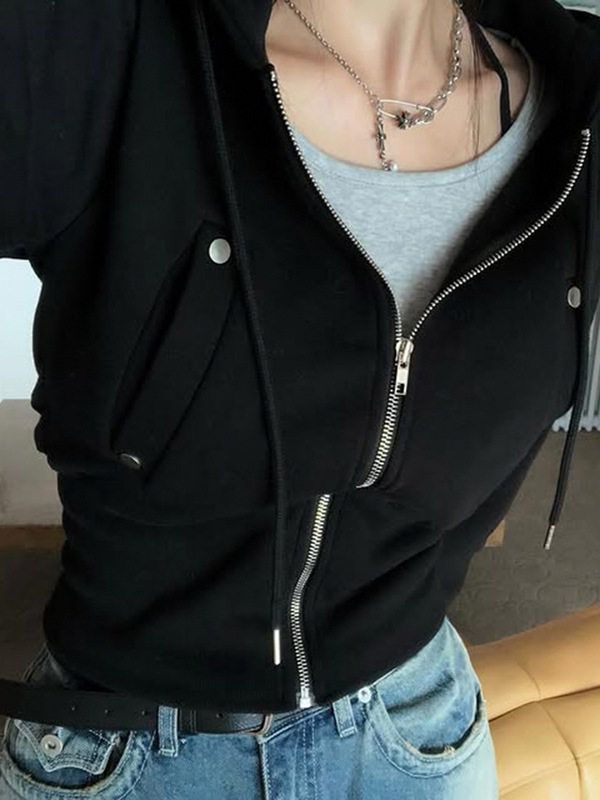 欧美个性街头风抽绳修身显瘦收腰口袋连帽卫衣跨境新款纯色上衣|undefined