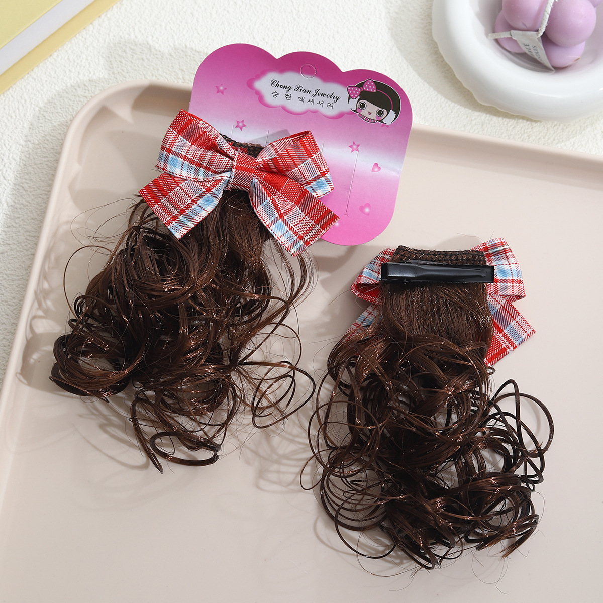 Niños pelucas de cabello trenzas de arco de cuadrícula coreana bola cabeza de cabello de cabello de niñas un par de paquetes