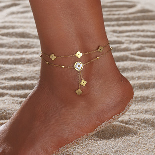 Dongguan Titanium Steel Jewelry Four-Leaf Clover Tassel Stacked Stainless Steel Anklet for Women 18K Gold High-End Summer Non-Fading