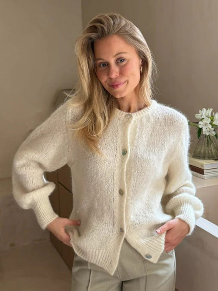 Áo cardigan len dệt kim dáng mỏng nhẹ cài nút một hàng, tay dài cổ tròn nữ — hoa hồng đỏ, màu be, màu cam, màu hoa cà chi tiết 57