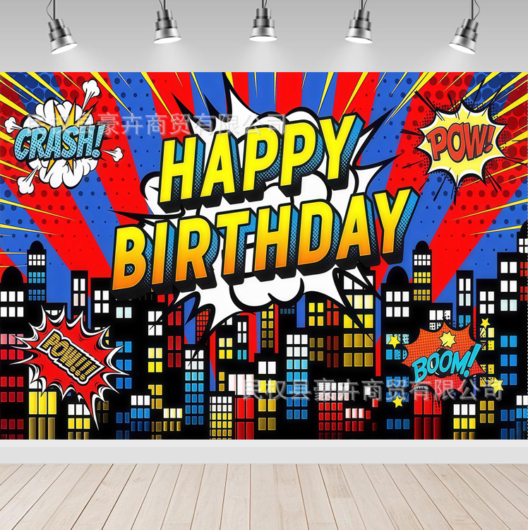 Amazon Hot Selling Cartoon City Landscape Superhero Photography Background Cloth Children's Birthday Party Decoration Props