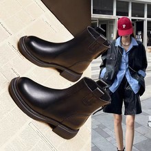 软皮瘦瘦靴女款2025新款平底后拉链春秋单靴子秋冬加绒马丁靴短靴