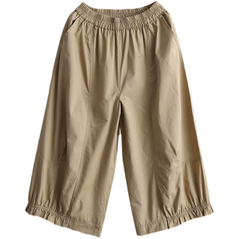 Женские укороченные повседневные брюки из чистого хлопка в винтажном стиле, новинка лета 2026 года, универсальные однотонные широкие брюки больших размеров, омолаживающие образ.