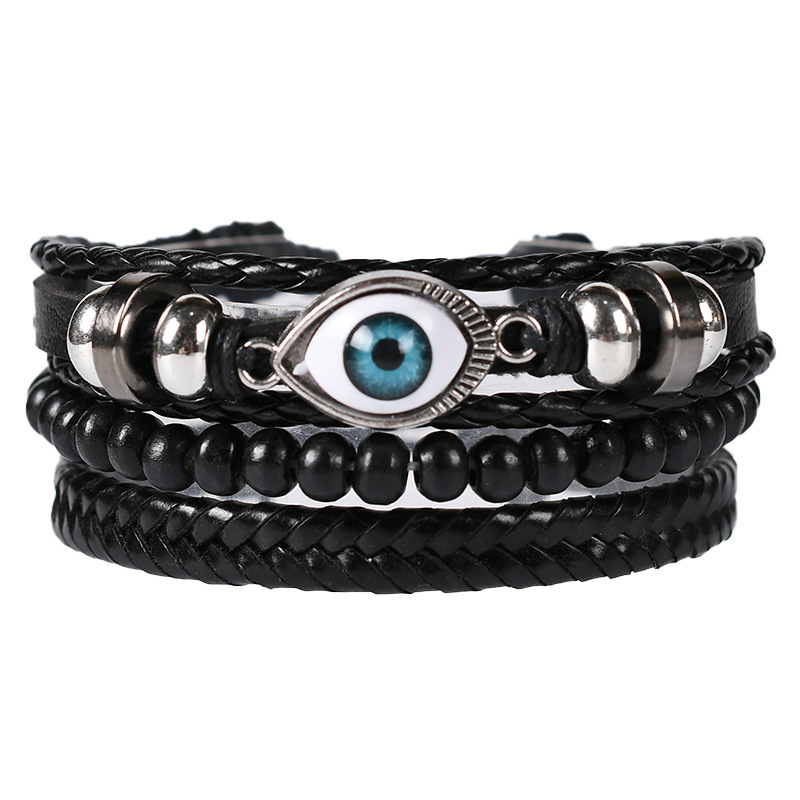 Evil Eye Bracelet Fashionable Woven Pu Leather Blue Men's Multi-Layer Set Bracelet Handmade Yiwu Boutique