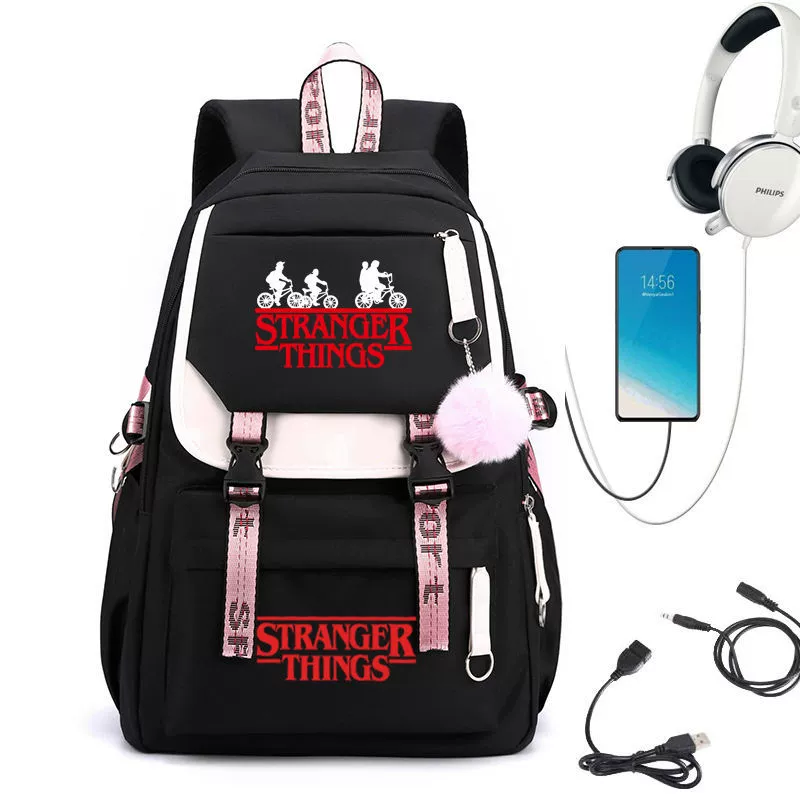 Рюкзак школьный (Stranger Things) с принтом Hellfire Club, USB‑порт, мягкая спинка, чёрно‑розовый