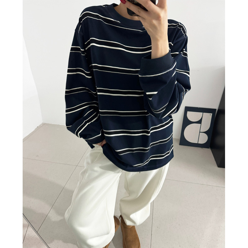 韩版休闲简约蓝色撞色条纹圆领套头长袖T恤女宽松大版显瘦打底潮t
