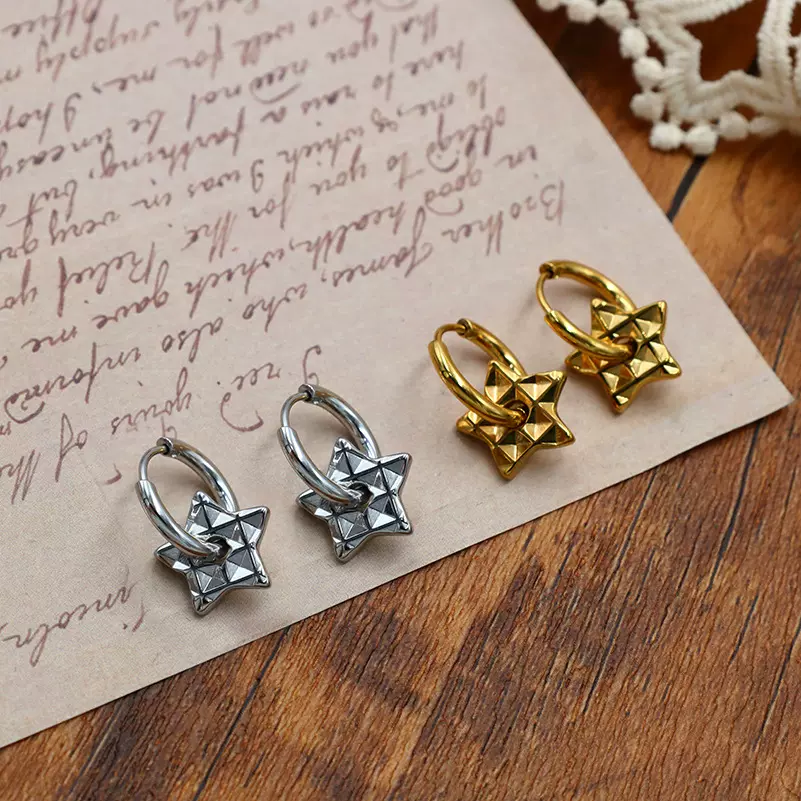 简约精致几何小众纹理五角星花朵18K金不锈钢吊坠耳环时尚耳扣