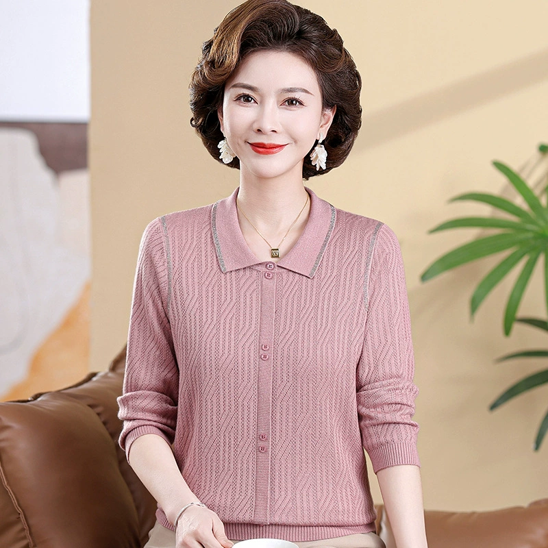 Весеннее платье мамы, иностранная одежда, одетая в маленькие рубашки для пожилых женщин, вязаные нижние рубашки бабушки с длинными рукавами, лацканы топ