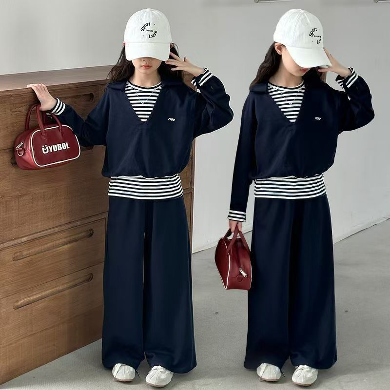 网红女童春秋时髦拼接条纹假两件卫衣秋装中大童宽松阔腿裤两件套|undefined