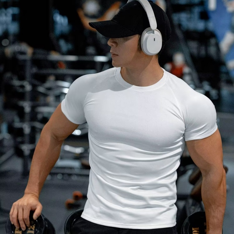 New Summer Sports Short-Sleeve T-Shirt for Men, with Elastic Cuffs, Fit, Fitness, Muscle Training, Weightlifting, American Style, Cooling, Breathable, Quick-Drying