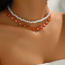 外贸新款饰品滴油小雏菊花朵锁骨链珍珠项链女波西米亚风百搭颈链