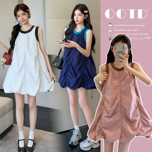 Real Shot of 2025 New Summer Sleeveless Contrast Vest Dress for Pregnant Women with Age-Reducing Pleated Design