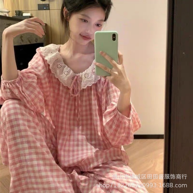 Foreign Trade Cross-Border Plaid Pajamas for Girls with Doll Collar, Japanese Style Long-Sleeved Long Pants, Fairy-Style Loungewear Set That Can Be Worn Outside