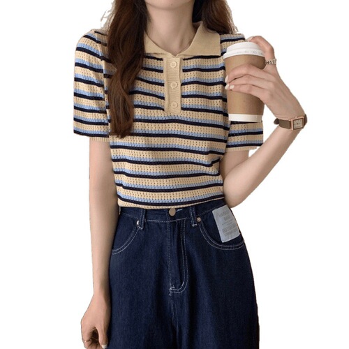 POLO Striped Knit T-Shirt for Women - Stylish Summer, Versatile, Slimming Short-Sleeve Top - High-End