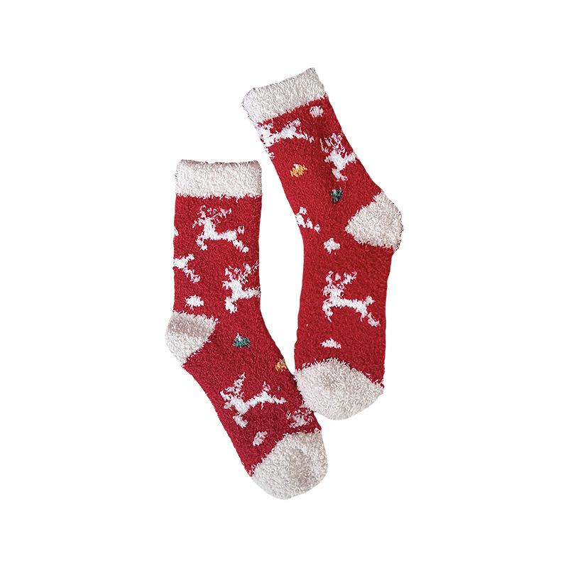 クリスマスの珊瑚の絨毯の靴下の女性の中筒の靴下の秋の冬の保温の月子のベルベットの厚い睡眠の靴下の中筒の靴下|undefined