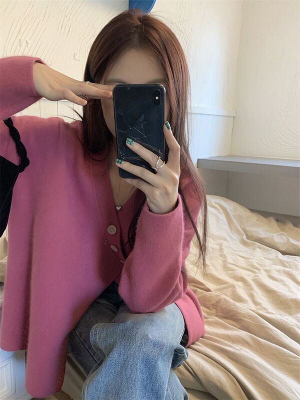 毛衣外套开衫女秋冬针织设计感小众宽松慵懒风斜扣v领内搭打底衫|undefined