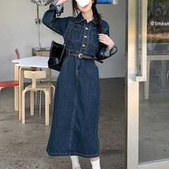 收腰显瘦长袖牛仔连衣裙女秋秋2025新款韩系风复古气质中长款裙子