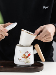 Wooden-handled Mugs, Cypress Wood Handle Ceramic Cups, Wooden Coffee Cups & Water Cups with Lid & Spoon, Gift Box with LOGO