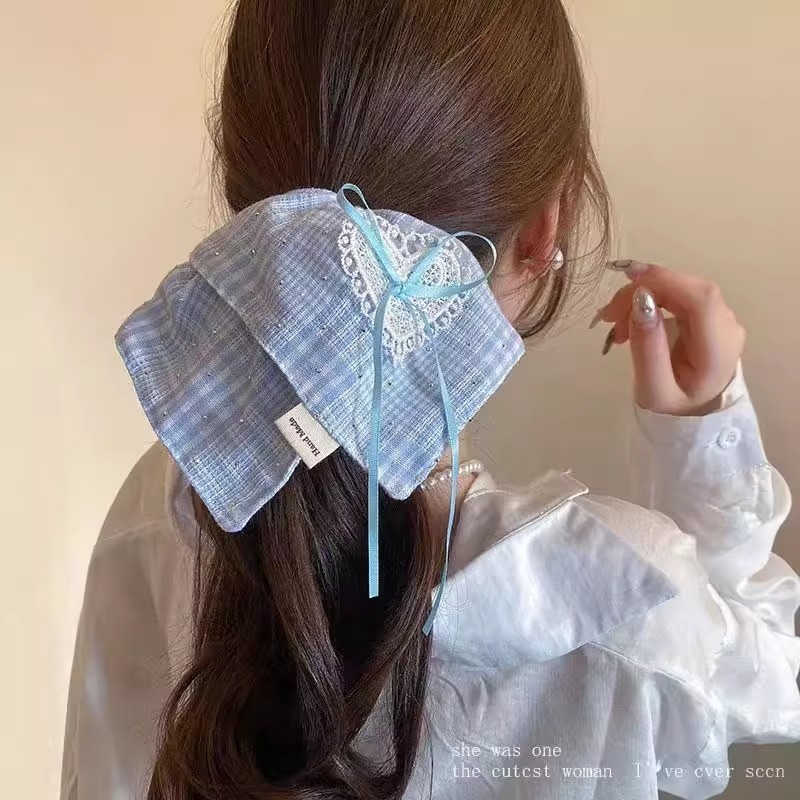 韩系蓝色蝴蝶结爱心方巾大肠发圈女高级感超大扎头发头绳方形头饰|undefined