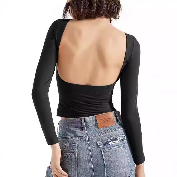 European and American Women's Tops, Backless Round Neck Long-Sleeve T-Shirts, Summer Pure Desire Style Base Shirts for Women, Inner Wear in a Spicy Style