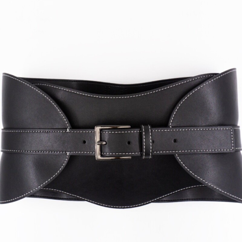 Black Pin Buckle Fashion Genuine Leather Women's Wide Belt Soft Leather Dress Decorative Belt with Visible Stitching Cowhide Waist Belt
