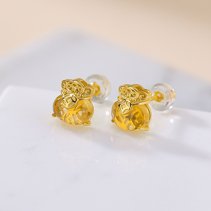 Bông tai bạc S925 đá tự nhiên hình túi tiền may mắn — Mô hình Citrine