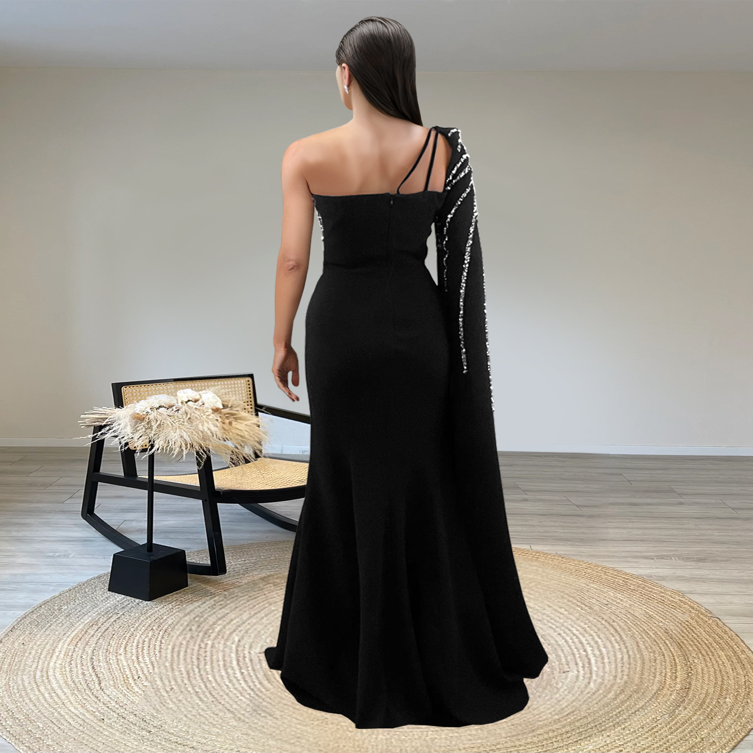 Vestido largo negro de sirena con capa y manga larga con pedrería para mujer, de la tienda independiente de comercio exterior transfronterizo C7288, disponible en eBay. image 4