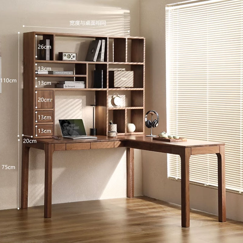 North American Black Walnut Wood Corner L-Shaped Computer Desk, Solid Wood Light Luxury Desk and Bookshelf Integrated Study Desk Set North American Black Walnut Wood Corner L-Shaped Computer Desk, Solid Wood Light Luxury Desk and Bookshelf Integrated Study Desk Set