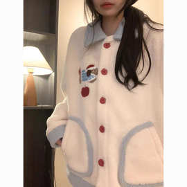 韩版可爱小狗少女甜美珊瑚绒睡衣女冬季加厚加绒居家服套装可外穿