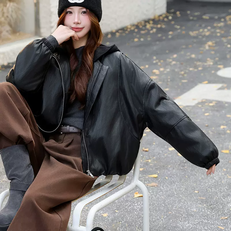 亏本清仓#加厚羽绒短款皮衣外套女宽松休闲连帽蛋白皮夹克