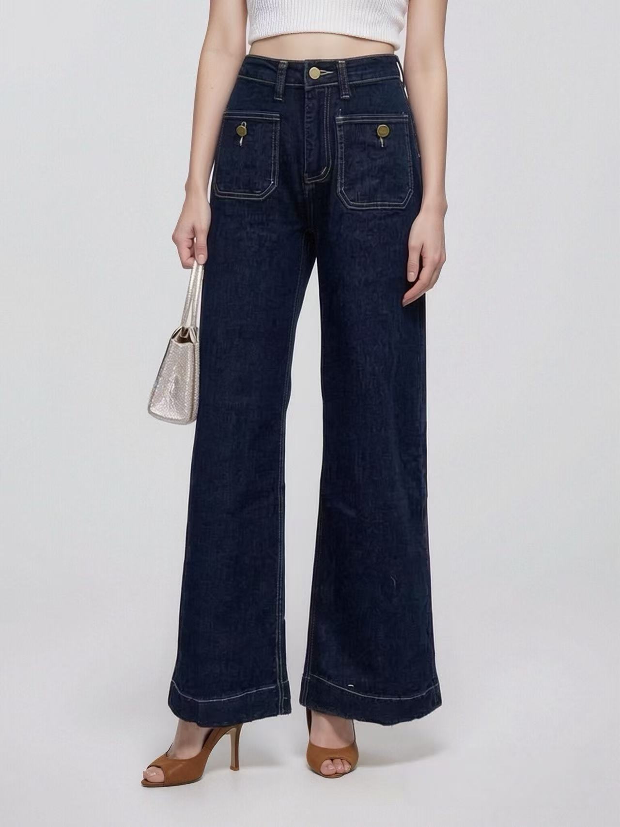 European and American Cross-Border Source Factory Fashion Button Square Pocket Versatile Women's Straight-Leg Jeans
