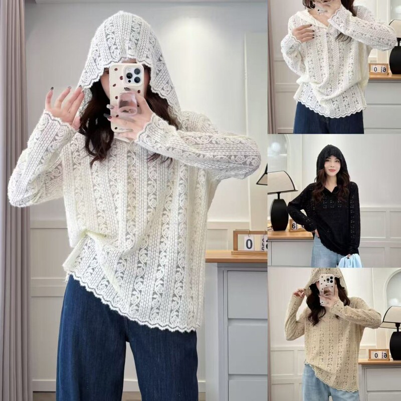 Plus-Size Women's Autumn New Stylish Three-Dimensional Crochet Lace Hooded Pullover Long-Sleeve Top