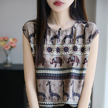 2025年夏季新款棉圆领无袖马甲设计感印花动物叠穿气质坎肩上衣女