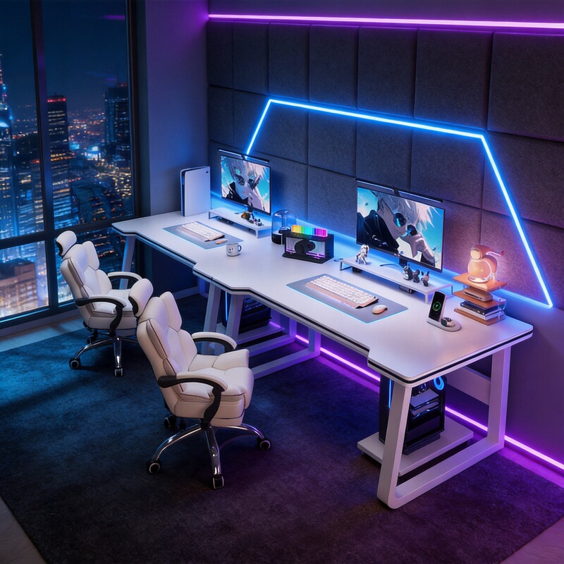 Double-person gaming computer desk, desktop home desk, simple long table, couple's side-by-side gaming and office desk Double-person gaming computer desk, desktop home desk, simple long table, couple's side-by-side gaming and office desk