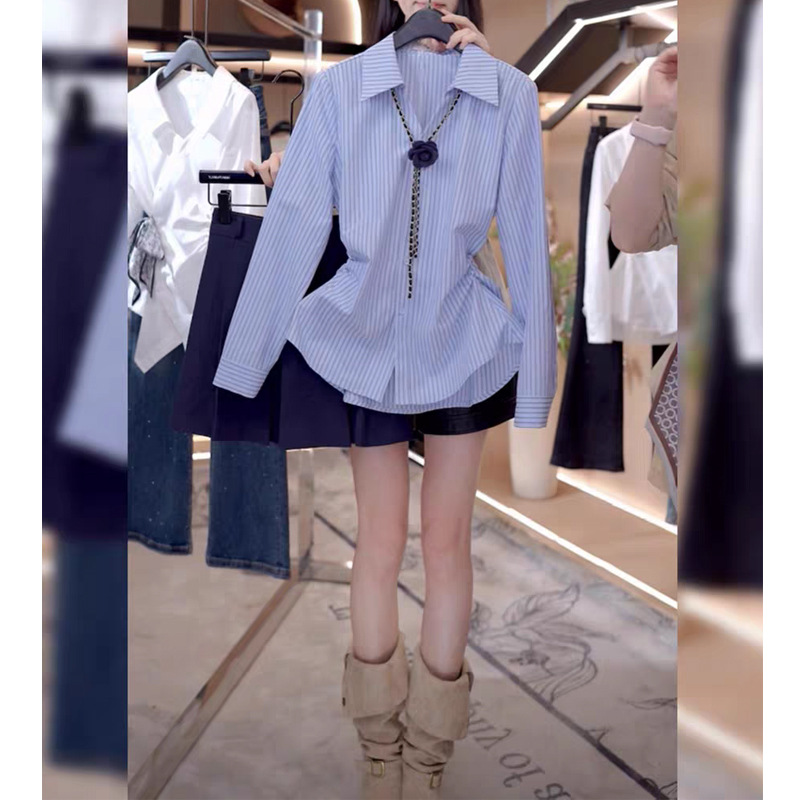 蓝色翻领衬衫上衣女士2025秋季新款早秋长袖防晒小衫法式衬衣女装