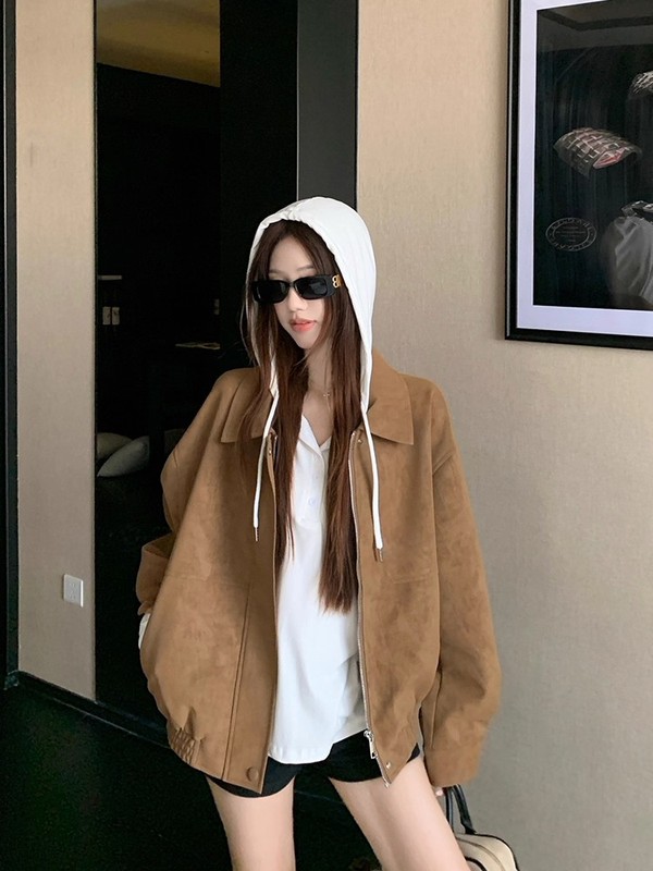 咖色美拉德麂皮绒外套女2025秋季新款小个子美式复古拉链翻领夹克|undefined
