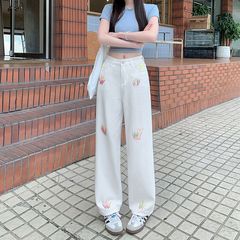 ジーンズ女性 2024 夏の新ルーズ絞り染め落書きハイウエストスリム甘いクールルーズストレートワイドレッグパンツトレンディ