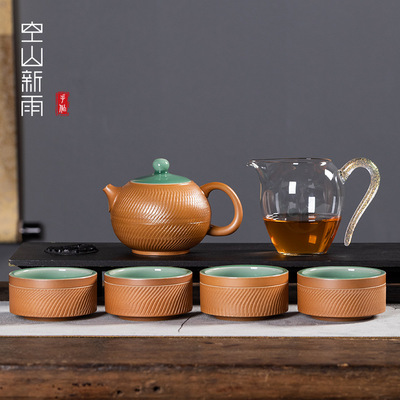 空山新雨 龙泉青瓷手工跳刀一壶四杯功夫茶具 陶瓷礼品茶具礼盒装