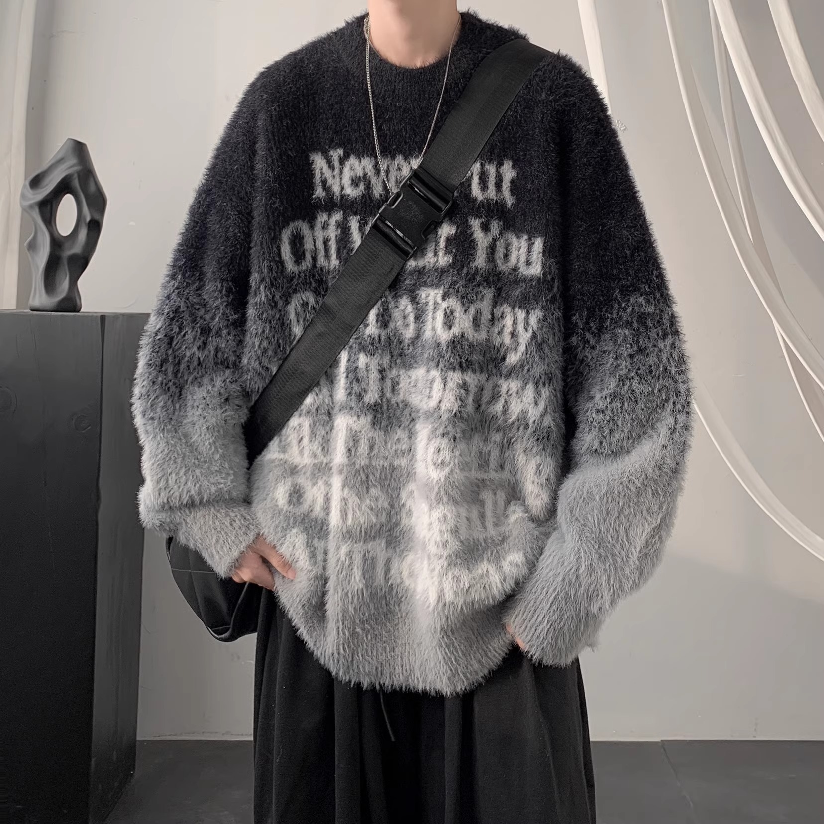 美式复古圆领情侣毛衣男秋冬季加厚慵懒风青少年高级感痞帅针织衫