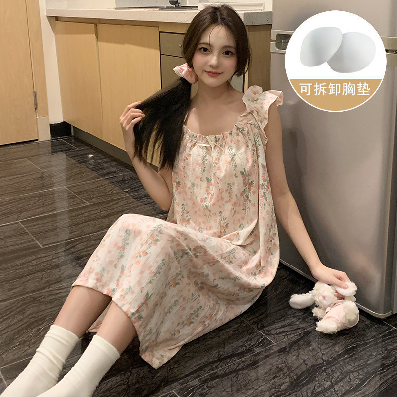 Pijama de verano, vestido de mujer, nuevo estilo con cojín de pecho, flores dulces, estudiantes, pijamas caseros, cabello de acento