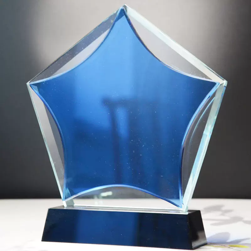 蓝色五角星和蓝色月亮水晶奖杯公司年会纪念品优秀员工定  制刻字