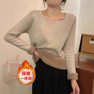 Plus Size Women's Autumn and Winter Fleece-Lined Thick Sweater with Integrated Fleece, Stylish Square Neck, Versatile and Warm