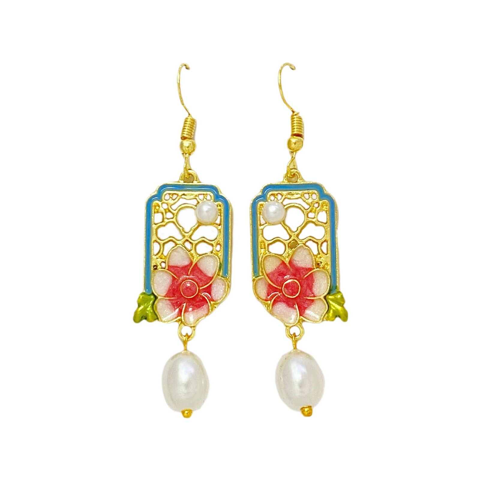 Brincos estilo chinês com flores pérolas e borlas rosa azul_voghion.com