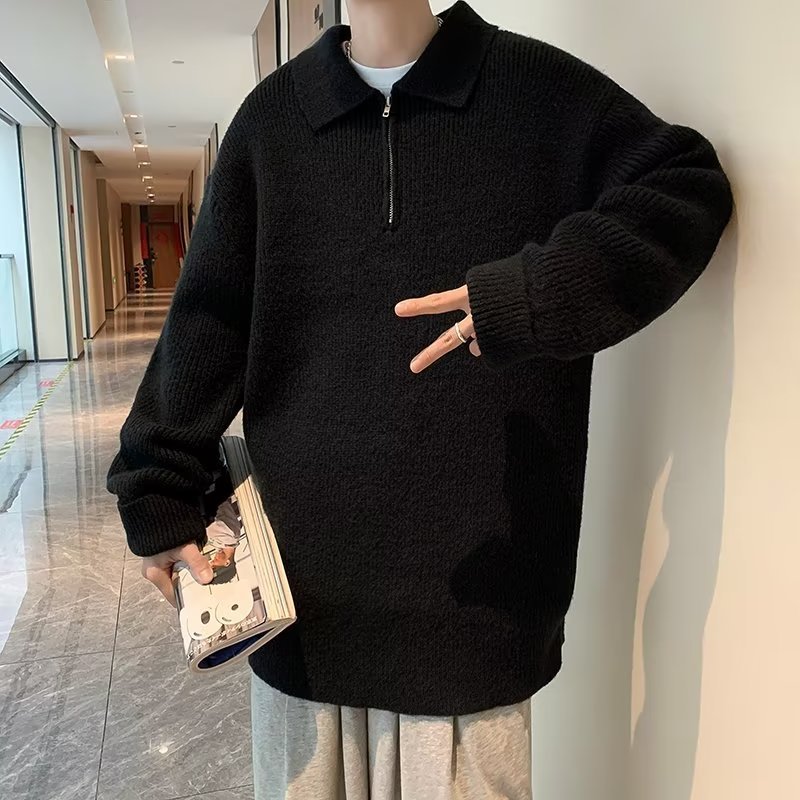Semia cremallera suéter de polo masculino primavera japonés relajado retro alta sensación de tendencia suelta camiseta de punto