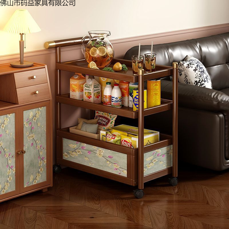 Retro Trolley Coffee Table, Movable Storage Rack, Living Room Sofa Side Table, Side Cabinet, Multi-Layer Snack Storage Rack